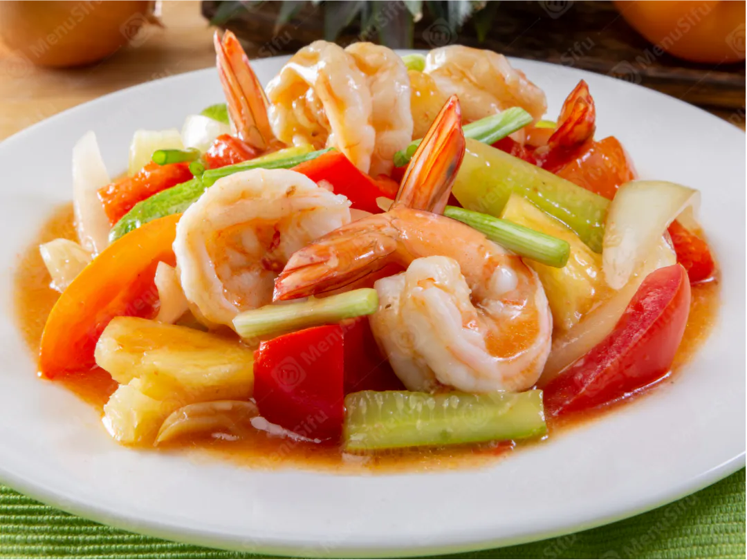 Sweet and sour shrimp stir-fry with pineapple at Min Yang, a Chinese Restaurant in Brockport Sweet and sour shrimp stir-fry with pineapple at Min Yang, a Chinese Restaurant in Brockport